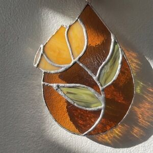 Stained Glass Leaf Art in Orange and Green